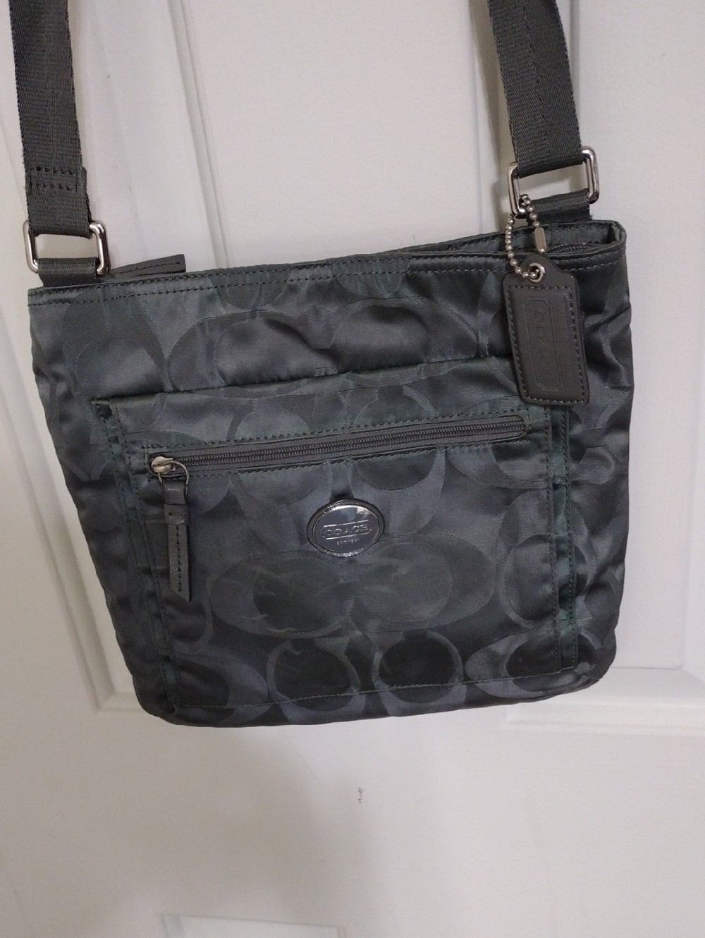 Coach Black Signature Nylon Shoulder Bag with Logo Plaque